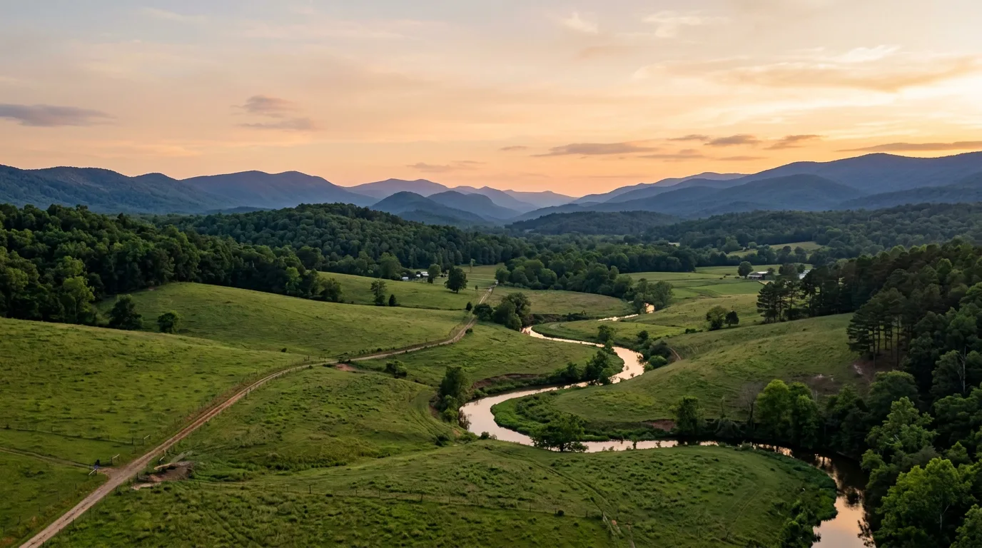 Rolling green pastures and hills in the countryside